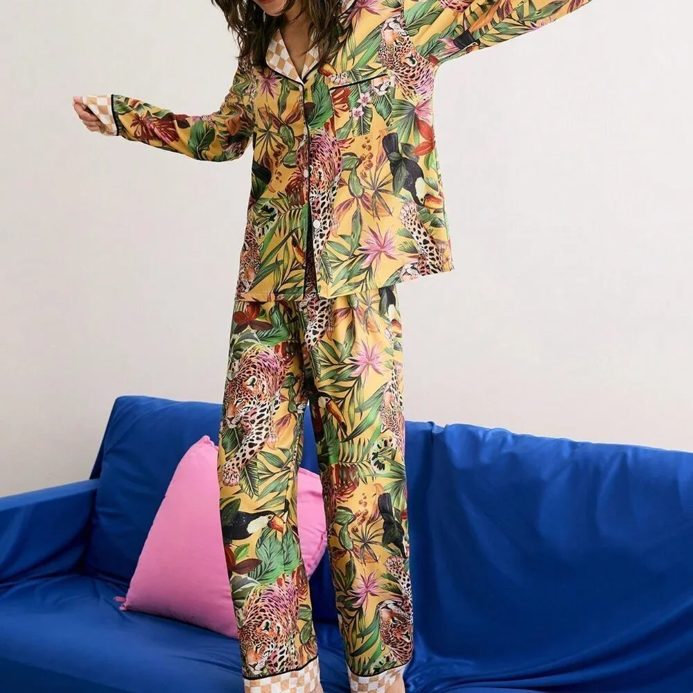 Multicolor Casual Women's Tropical Loungewear Animal Print Pajama Set